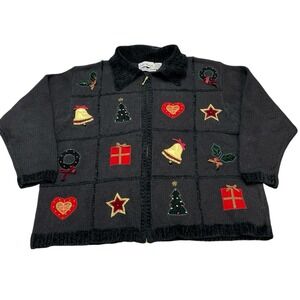 Vintage Croft Barrow Cardigan Womens 3X Black Chenille Trim Christmas Holiday